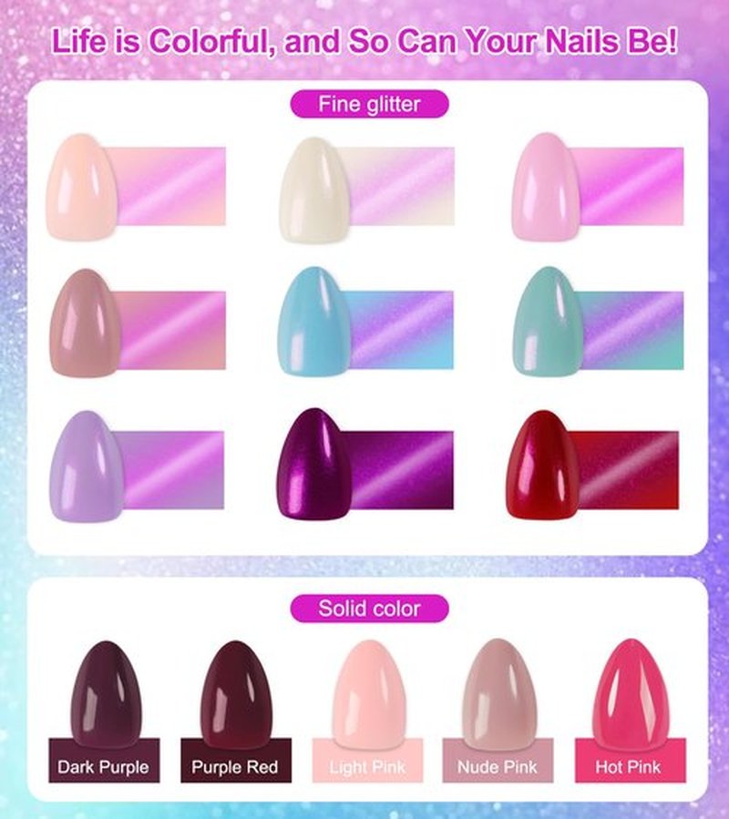 Morily Short Fake Press on Nails Almond with Glitter Designs, Milky White Acrylic Thick Stick on False Nail Reusable Glossy Full Cover Manicure for Women, 32 Pcs