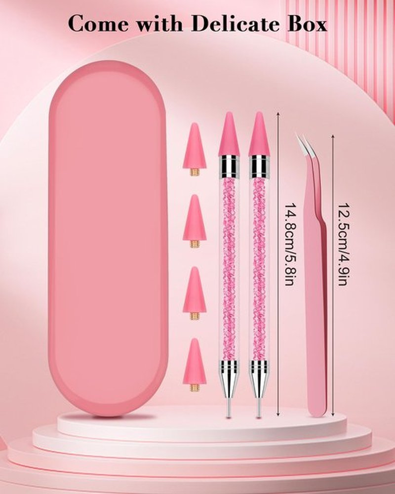 Rhinestone Picker Tool, 2 Rhinestone Applicator Tool Wax Pen Dual-Ended with 4PCS Replaceable Wax Tips and 1 Tweezer for DIY Nail Art Tool (Pink)