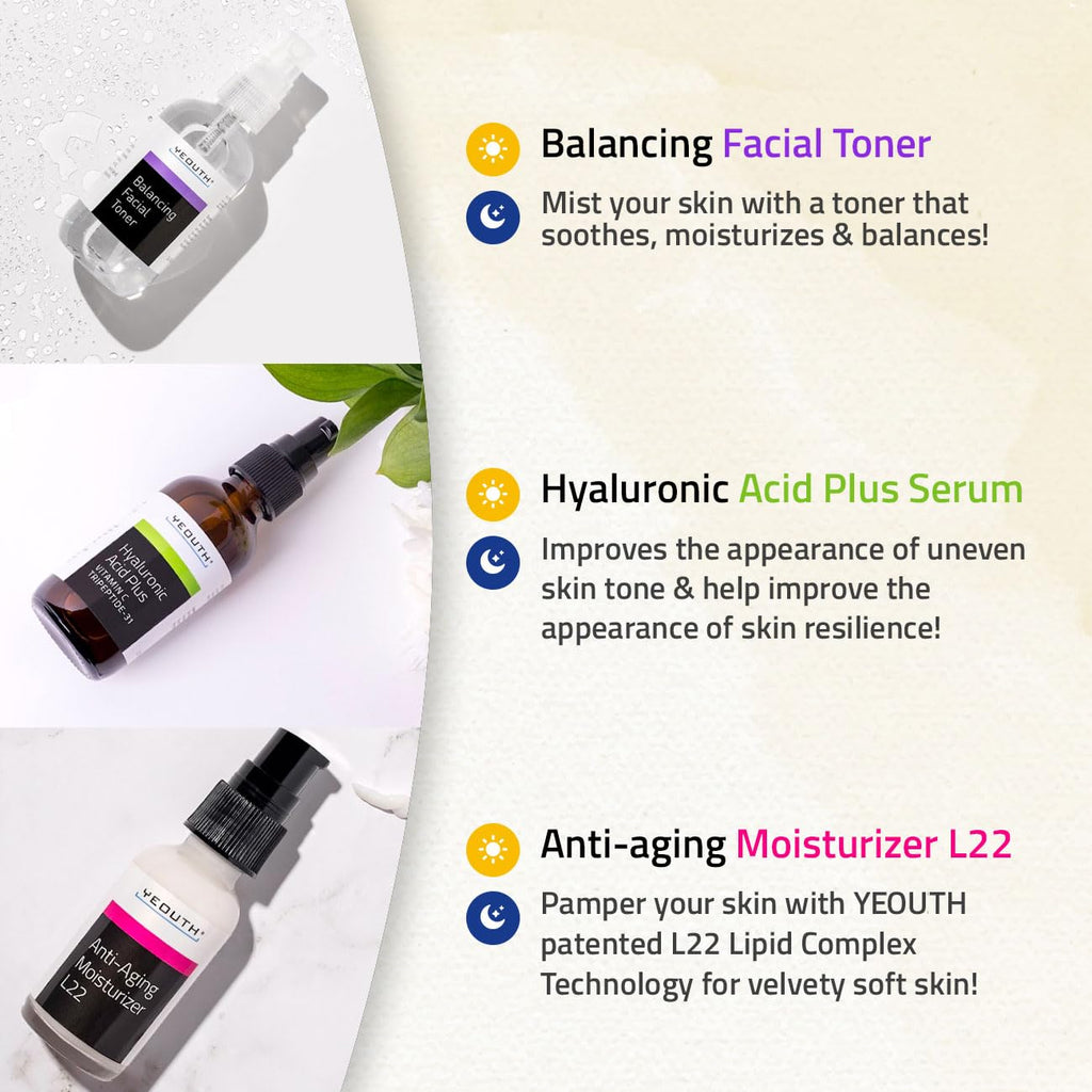 YEOUTH Valentine's Day Skin Care Set - Hydrating Hyaluronic Acid Serum & Vitamin C Toner | 3-Piece Facial Gift Set