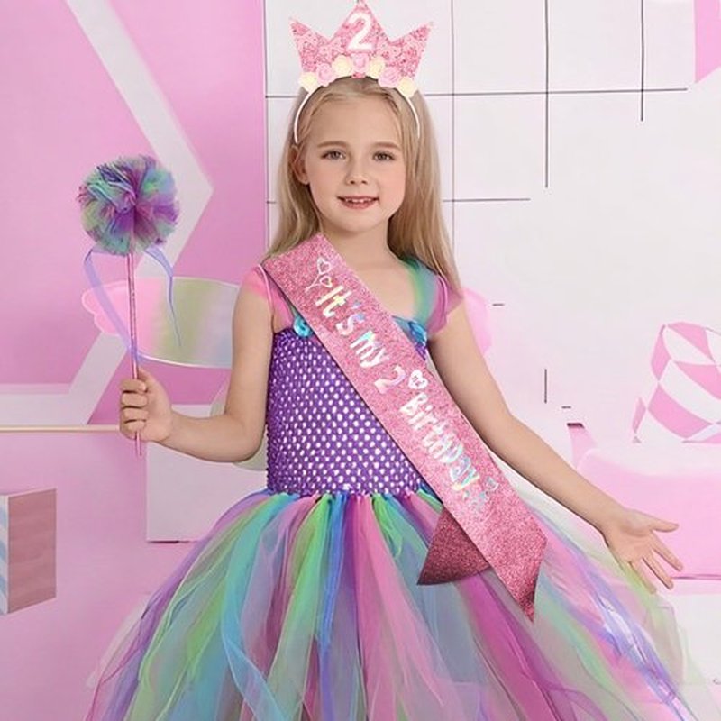 SuPoo 2nd Birthday Sash and Headband Flower 2nd Birthday Decorations for Girl Pink Bow Crown for Girls 2 Sash Princess Tiara Glitter Hair Band 2 Year Old Party Decorations Outfit Gift