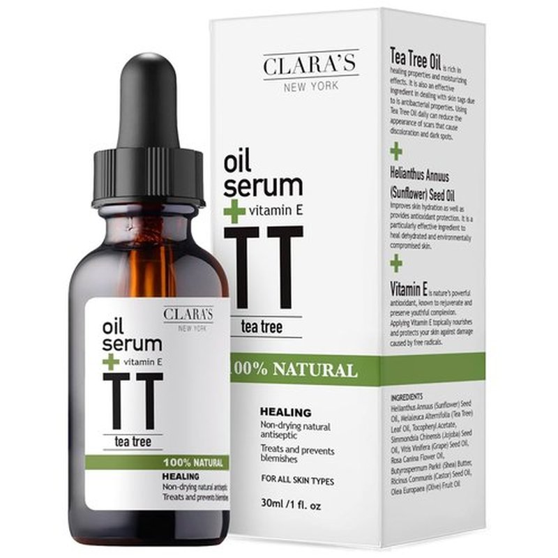 Clara's New York Tea Tree & Vitamin E Facial Oil Serum - Lightweight Hydration & Calming for All Skin Types - 30ml / 1 Fl Oz