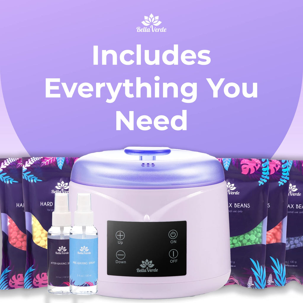 Bella Verde Waxing Kit for Women & Men -Digital Wax Warmer with Hard Beads, Pre & Post Spray, Hot Wax Pot Machine for Face, Eyebrows, Body, Legs, Bikini - At-Home Hair Removal for Sensitive Skin