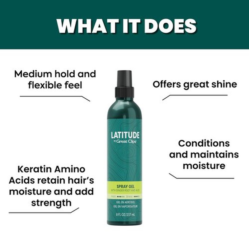 GREAT CLIPS LATITUDE Spray Gel | Hair Gel for Men | Medium Hold + Medium Shine | 8oz | Packaging May Vary