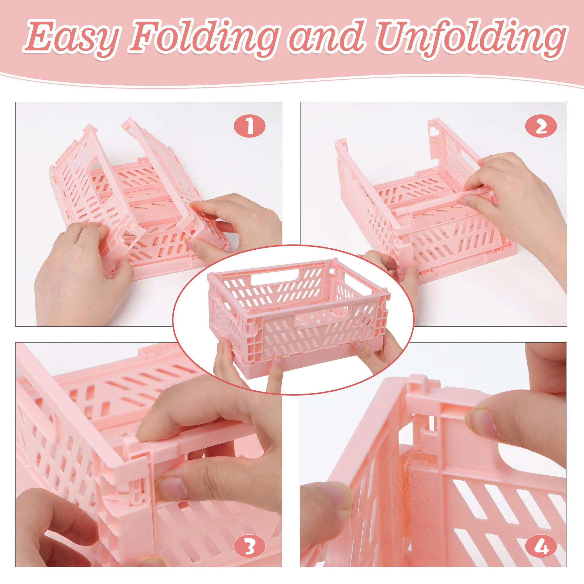 4-Pack Pink Baskets Plastic Storage Crate Small Baskets for Organizing Collapsible Storage Crates for Desk Organizers,Stackable Cute Storage Bins for Classroom,Office,Bathroom 5.9"x 3.9" x 2.3"