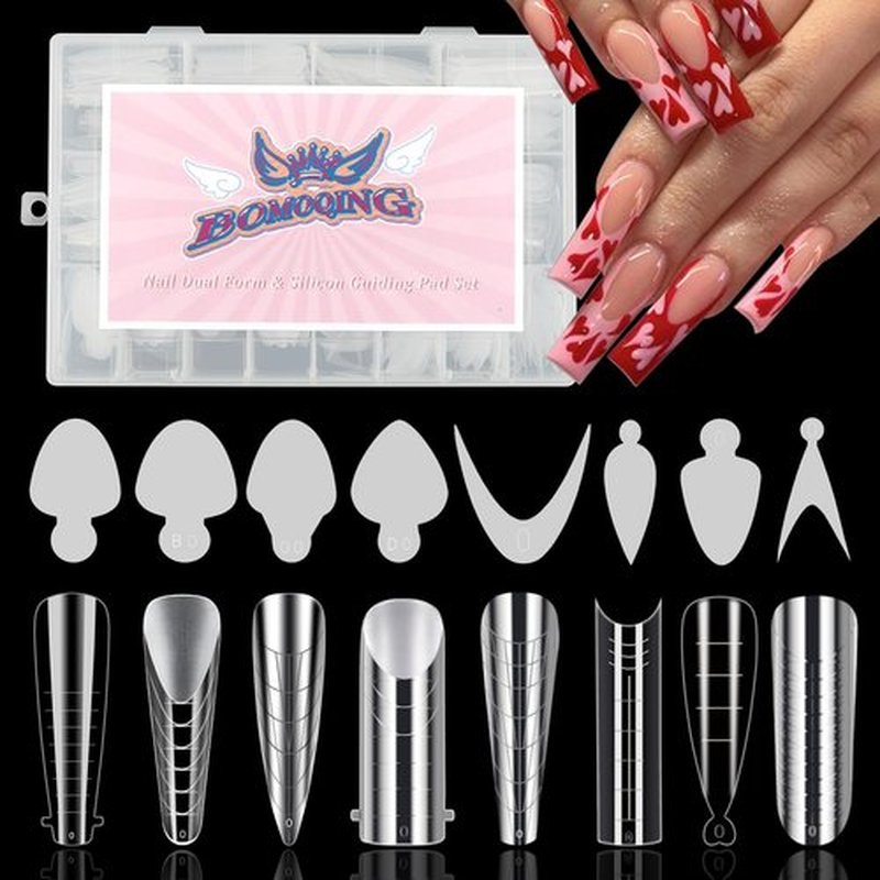 384pcs Dual Forms Kit for French Nails, 8 Styles 12 Sizes Scale for 192PCS Silicone Reusable Pads Stickers and 192PCS Forms, Molds for Poly Gel Extension