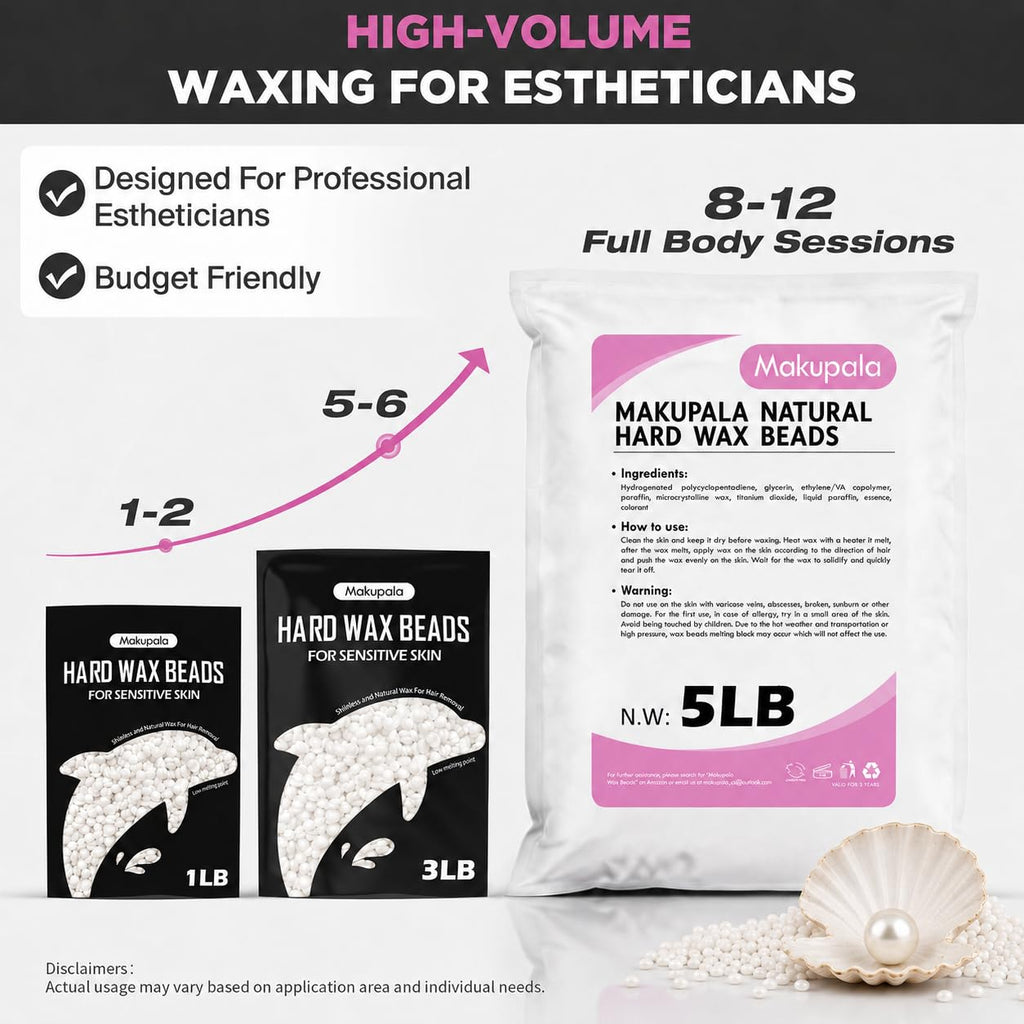 Makupala 5LB Wax Beads for Hair Removal - Pearl White Hypoallergenic Wax Bean Refill for Commercial Salon Use, Fragrance Free, Full Body (Brazilian, Bikini, Face, Underarm, Legs) Coarse & Fine Hair