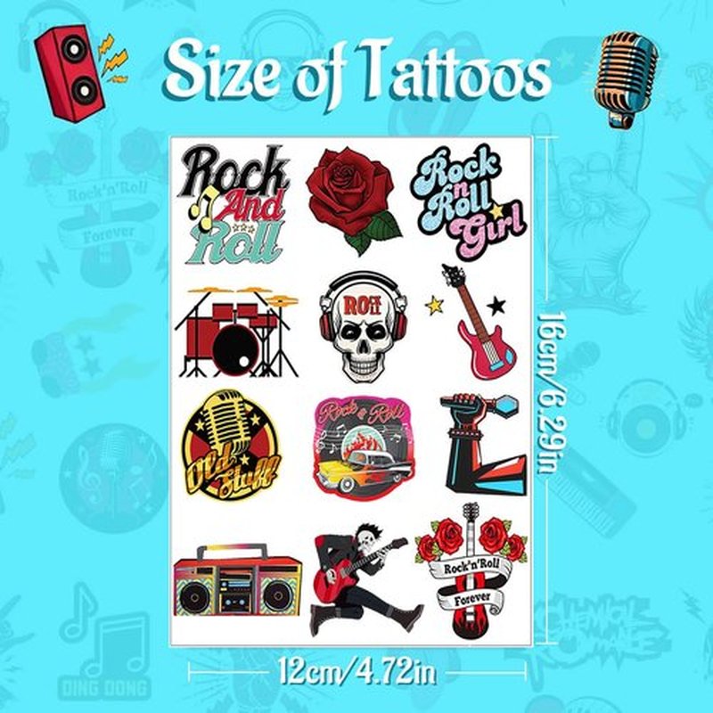 Rock N Roll Temporary Tattoos Stickers for Music Rock Band Star Birthday Party Decorations Supplies Prizes Rewards Gifts 20 Sheet