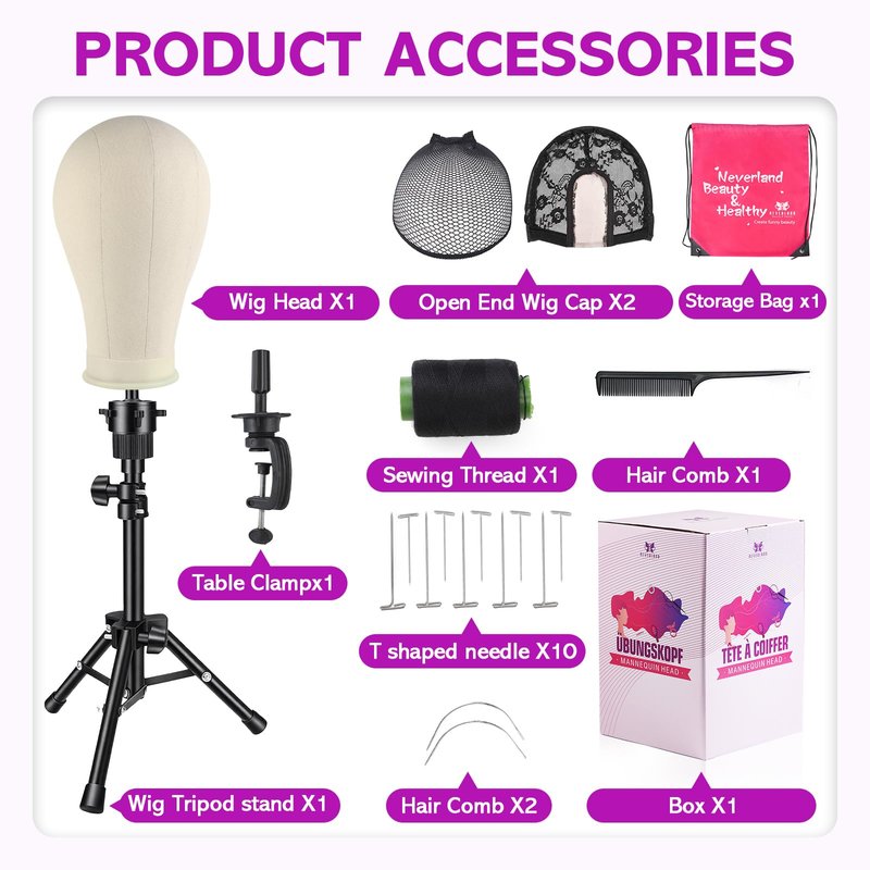 Wig Stand - Wig Stand with Head Canvas Wig Head with Mannequin Head for Wigs, Wig Head Stand Manikin Head Wig Head for Wigs Making Display with Wig caps, T Pins Set, Bristle Brush