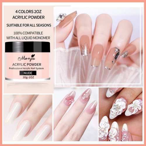 Monja Acrylic Powder - 4PCS 30g Professional Colored Acrylic Nail Powder for Acrylic Nails Extension 3D Nail Art Acrylic Polymer Powder Manicure Salon DIY No Need Nail Lamp
