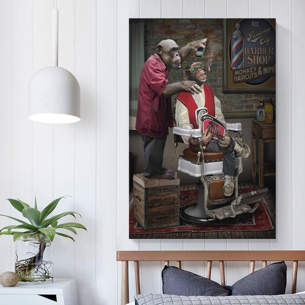Barber Shop Monkey Haircuts Poster Decorative Painting Bathroom Decor Living Room Canvas Wall Art UnFramed,16x24inch(40x60cm)