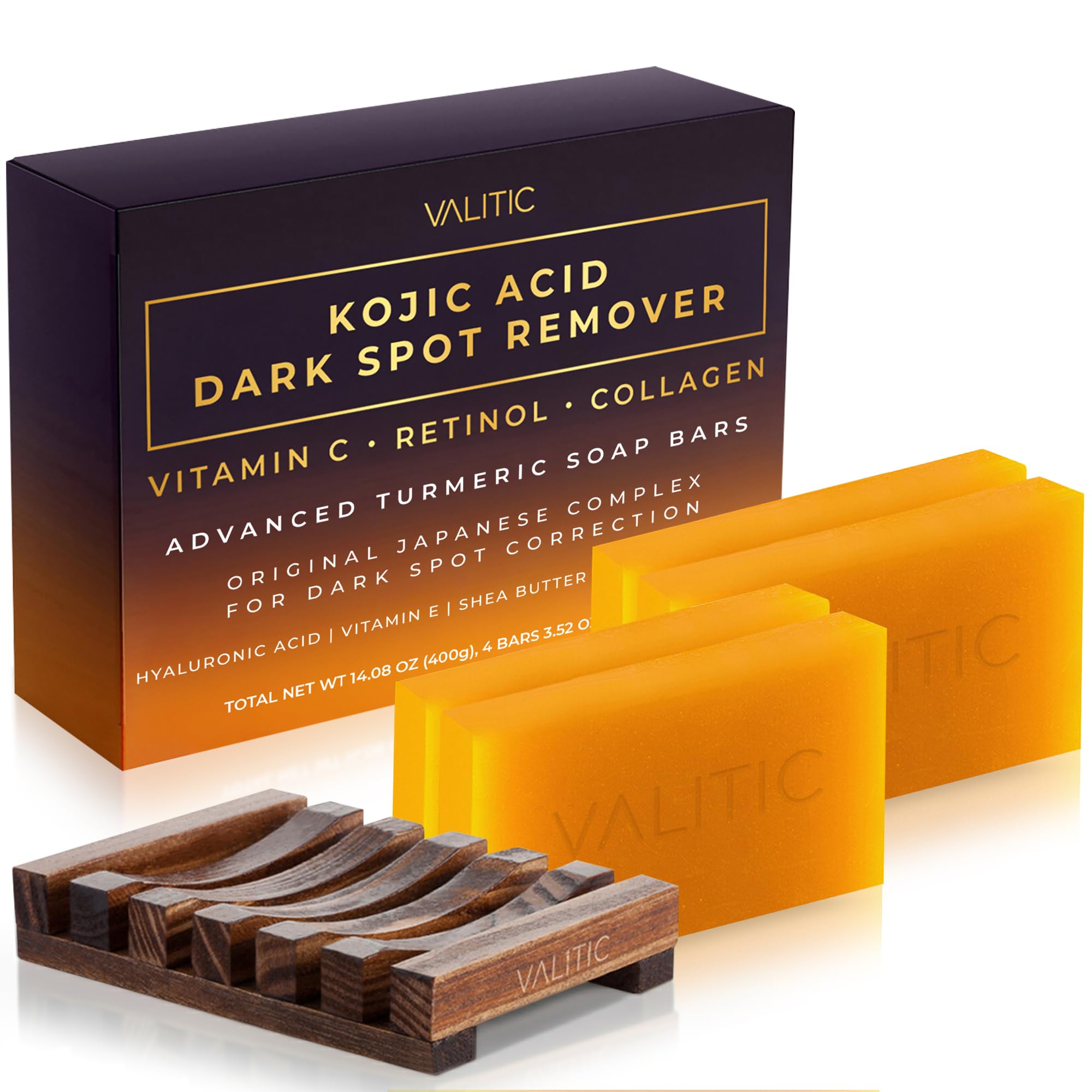 Valitic Kojic Acid Dark Spot Remover Soap Bar with Vitamin C, Retinol, Collagen, Turmeric - Original Japanese Complex - Hyaluronic Acid, Vitamin E, Shea Butter, Castile Oil ( 4 Pack ) With Soap Holder