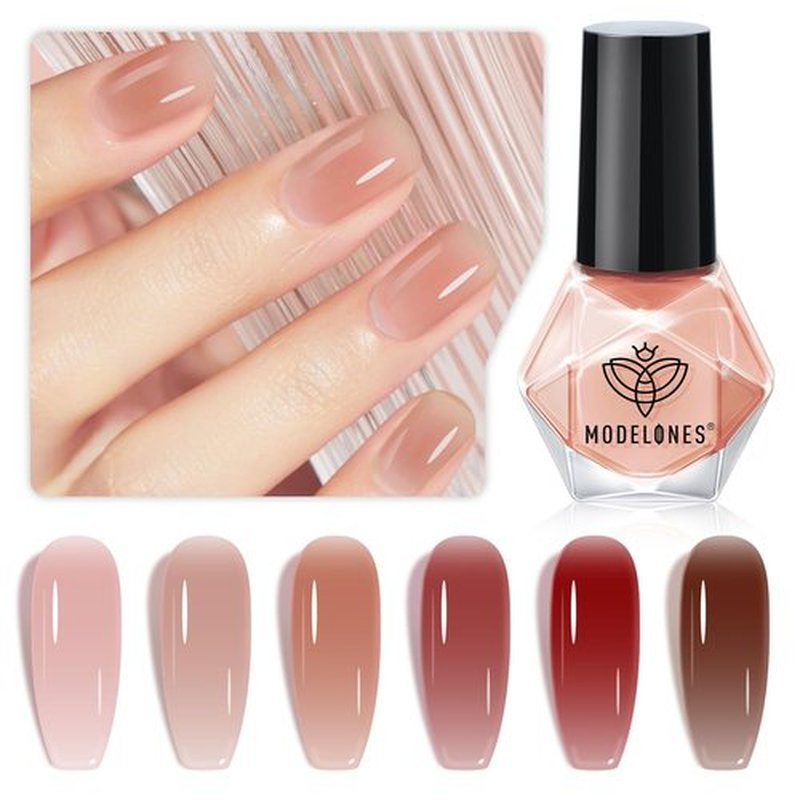 modelones Jelly Nail Polish of 6 Colors Valentines Sheer Nude Mini Nail Polish Set Red Pink Brown Quick Dry Spring Summer Fingernail Polish for DIY Nail Art Salon Home Gift for Women Girl