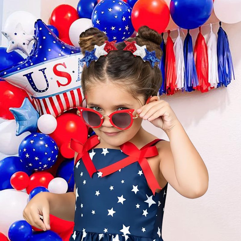 YanJie 4th of July Hair Bow Clips Blue Glitter Bow Red Star Hair Clips Hair Accessories White Sparkly Little Baby Alligator Clips Barrette Gift