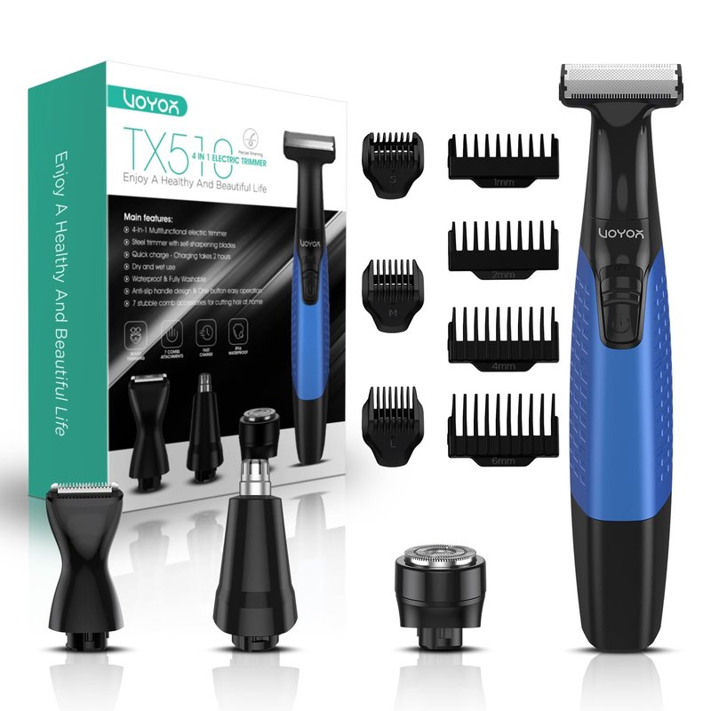 VOYOR Beard Trimmer for Men - Cordless Electric Razor with Adjustable Length Combs | All-in-One Grooming Kit (Blue)