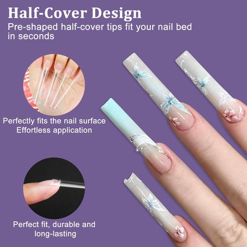 Laza 600pcs No C Curve Clear Fake Nail Tips 12 Sizes Half Cover Flat Nail Tips Square Straight Extra Long False Nail Tips for Acrylic Nails Extension Tips — 3XL