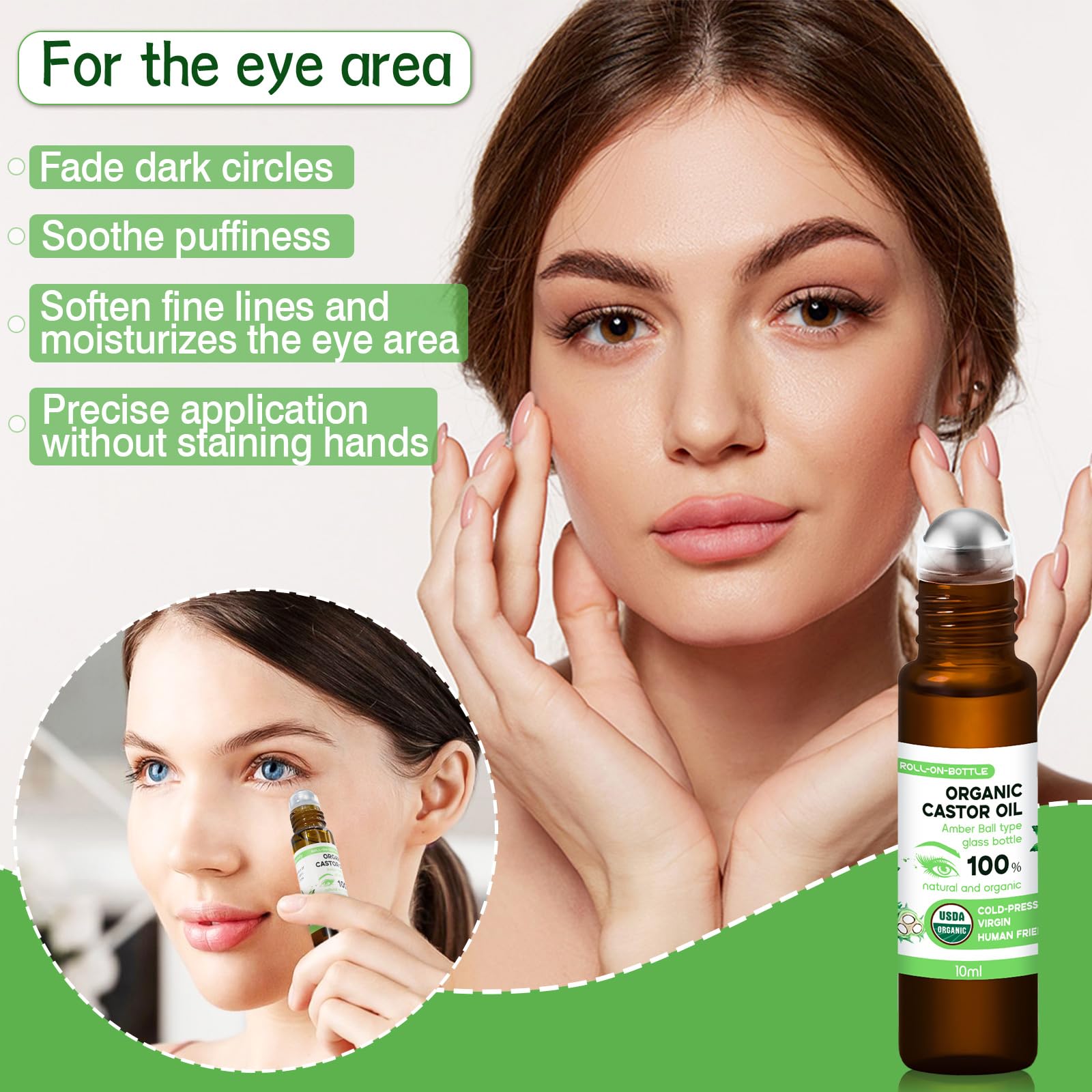 Warmify 3-in-1 Castor Oil Roll on for Eye,Face,Body Skin,Certified Organic Cold Pressed Castor Oil Roller ball unrefined Glass Bottle,Precise & Mess-Free Application & Travel Friendly