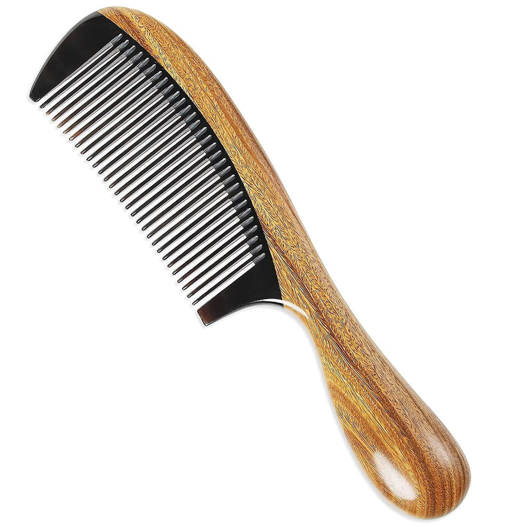 Onedor Handmade Buffalo Horn and Sandalwood Hair Combs - Anti-Static Natural Scent Wooden Detangler (Fine Tooth)