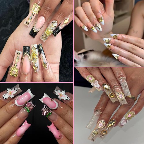 KACHIMOO 160pcs Gold Nail Charms 3D Butterfly Cherry Heart Cross Bow Star Dollar Flower Crown Nail Gems and Charms Nail Rhinestone for Women Nail Art Design(19 Styles)