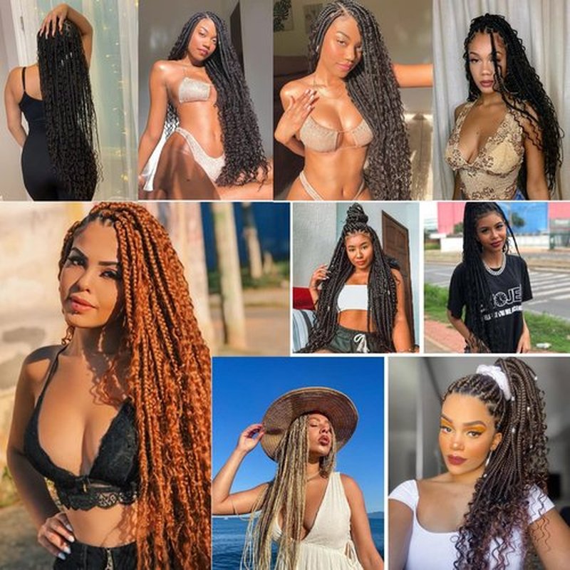 COOKOO 12 Inch Goddess Box Braids Crochet Hair 8 Pack Synthetic Bohemian Hippie Box Braids Crochet Hair Pre-looped With Curly Ends Braiding Hair for Black Women1B#