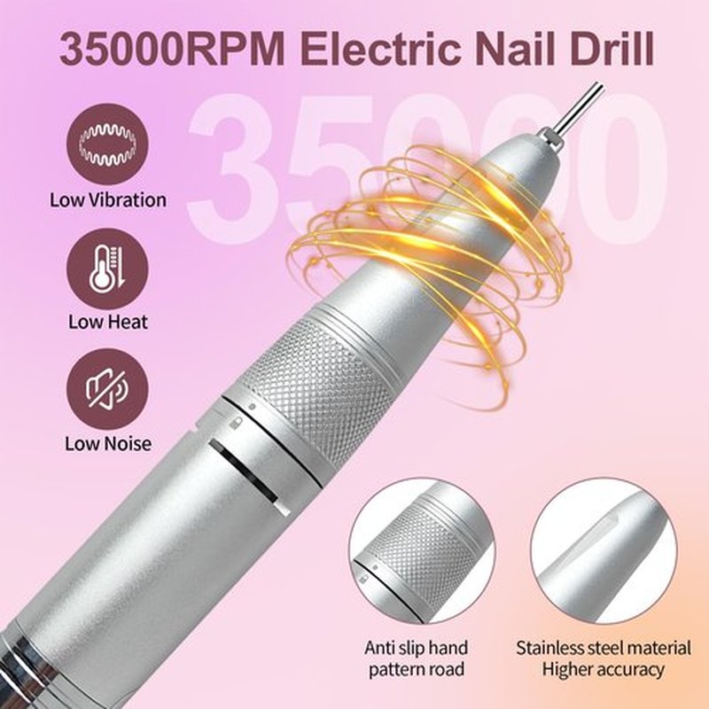 Electric Professional Nail Dril 35000RPM Pink Nail File for Acrylics Gel Nail Polish Remove Cordless Portable Rechargeable Nail Drill Kit for Home Salon Manicure Pedicure