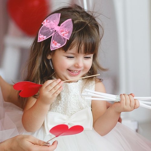 Pink Valentines Fable Bow Hair Clips for Girls 2Pcs 4" Glitter Mesh Tulle Heart Shaker Bow Alligator Barrettes for Teen Toddler Kids Women Party Dress Outfits Decor Accessory Gift