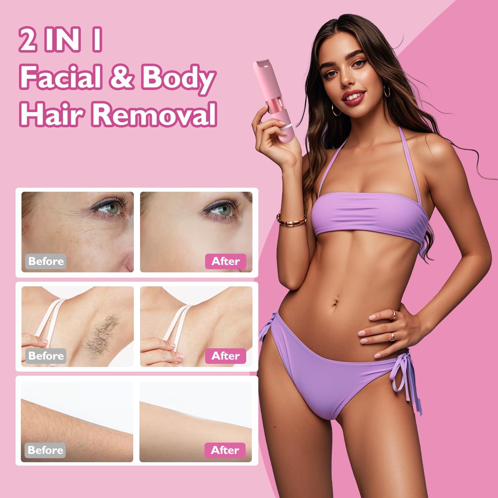 Bikini Trimmer for Women, Dual Head Electric Razors, Pubic Hair Trimmer with IPX7 Waterproof & Easy Cleaning, Rechargeable Painless Silk Glide Pro Shaver for Underarm Leg Arm Body Face, Cherry