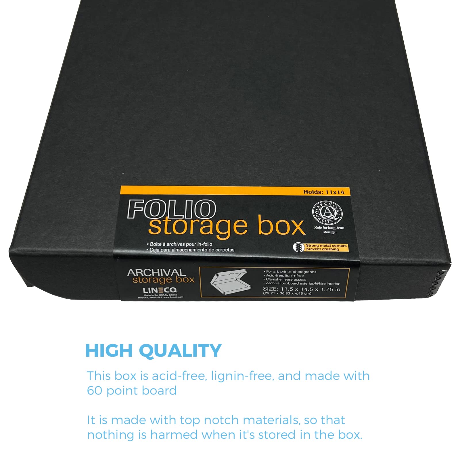 Lineco Folio Storage Box. Archival Clamshell with Metal Edge Boxboard, 11 x 14 x 1.75 Inches, Longevity Organize and Store Photos Documents Craft Cards Magazine Prints Wedding Dresses DIY, Black