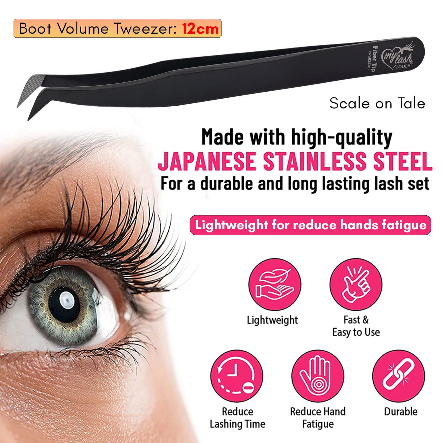 Fiber Tip Lash Tweezers for Eyelash Extensions – Mega Volume Precision Tweezer, Stainless Steel, Non Slip Grip, Professional Classic Lash Tool for Volume Fans (Black)