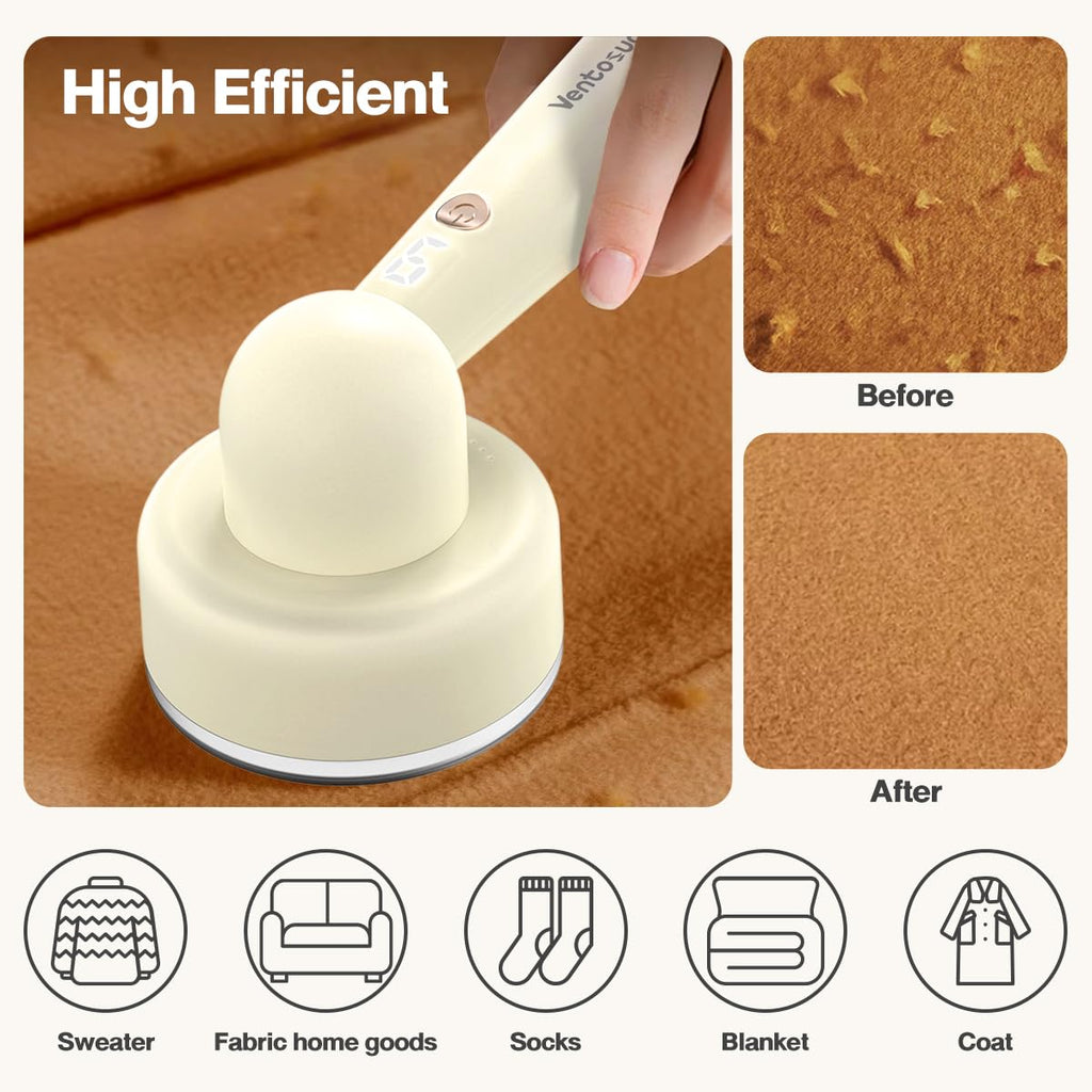 Ventosud Fabric Shaver Lint Remover Rechargeable, Clothes Shaver Pill Remover with 6-Leaf Blades LED Digital Display 3-Gears Adjustable for Clothing Couch Furniture, Cream White