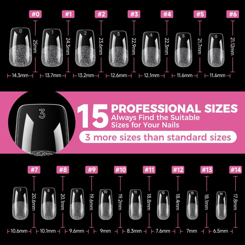 UNA GELLA Square Gel Nail Tips 15 Sizes Medium Square Press on Nails Pre Etched 300pcs Soft Gel Fake Nails Full Cover For Nail Extension Home DIY Nail Salon for Women