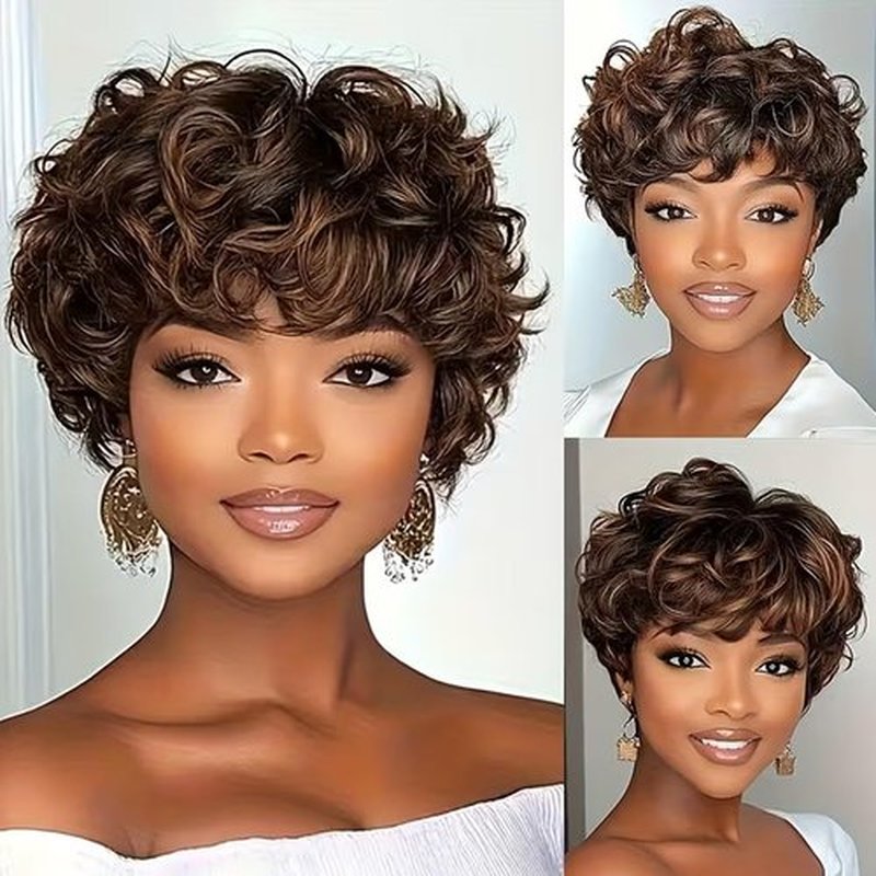 Kislemon Short Curly Human Hair Wigs For Black Women Glueless Afro Natural Curly Wig Brazilian Virgin 4/27 Color Pixie Cut Wig With Bangs 150% Density Highlight Ombre Blonde Wigs (Natural Curly)