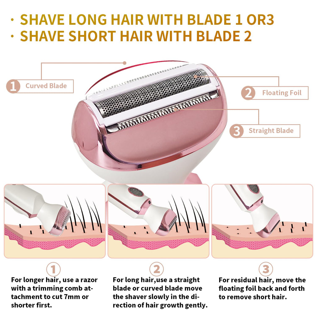 4-in-1 Electric Razor & Bikini Trimmer for Women - Rechargeable Wet/Dry Body Shaver for Face, Legs, Underarms, Pubic Hair, IPX6 Waterproof with LED Light & Travel Lock