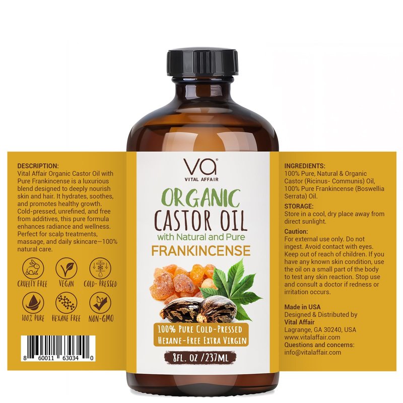 VITAL AFFAIR Organic Castor & Frankincense Oil Blend - 100% Pure and Natural, Cold Pressed, Unrefined Glass Bottle Castor and Frankincense Oil For Face & Hair Growth - 8oz