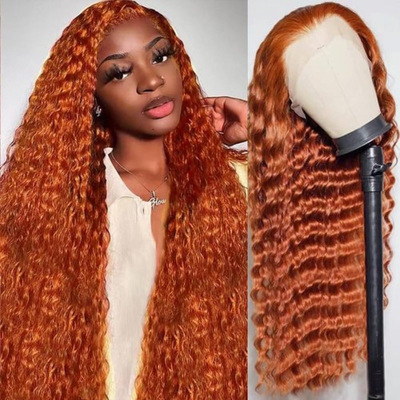 Bilisar Ginger Wig Human Hair 13x6 Deep Wave Lace Front Wigs Human Hair Curly Wigs HD Transparent Lace Frontal 350 Colored Human Hair Wig Pre Plucked 150% Density 28 Inch