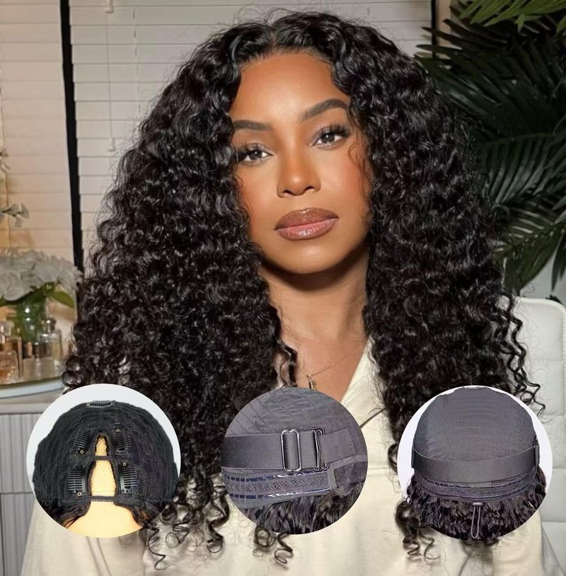 XSSXAKO V Part Wig Human Hair Kinky Curly Upgrade U Part Wig For Black Women 100% Human Hair V Shape Curly Glueless Clip In Half Wig Natural Color No Leave Out 180% Density 18inch