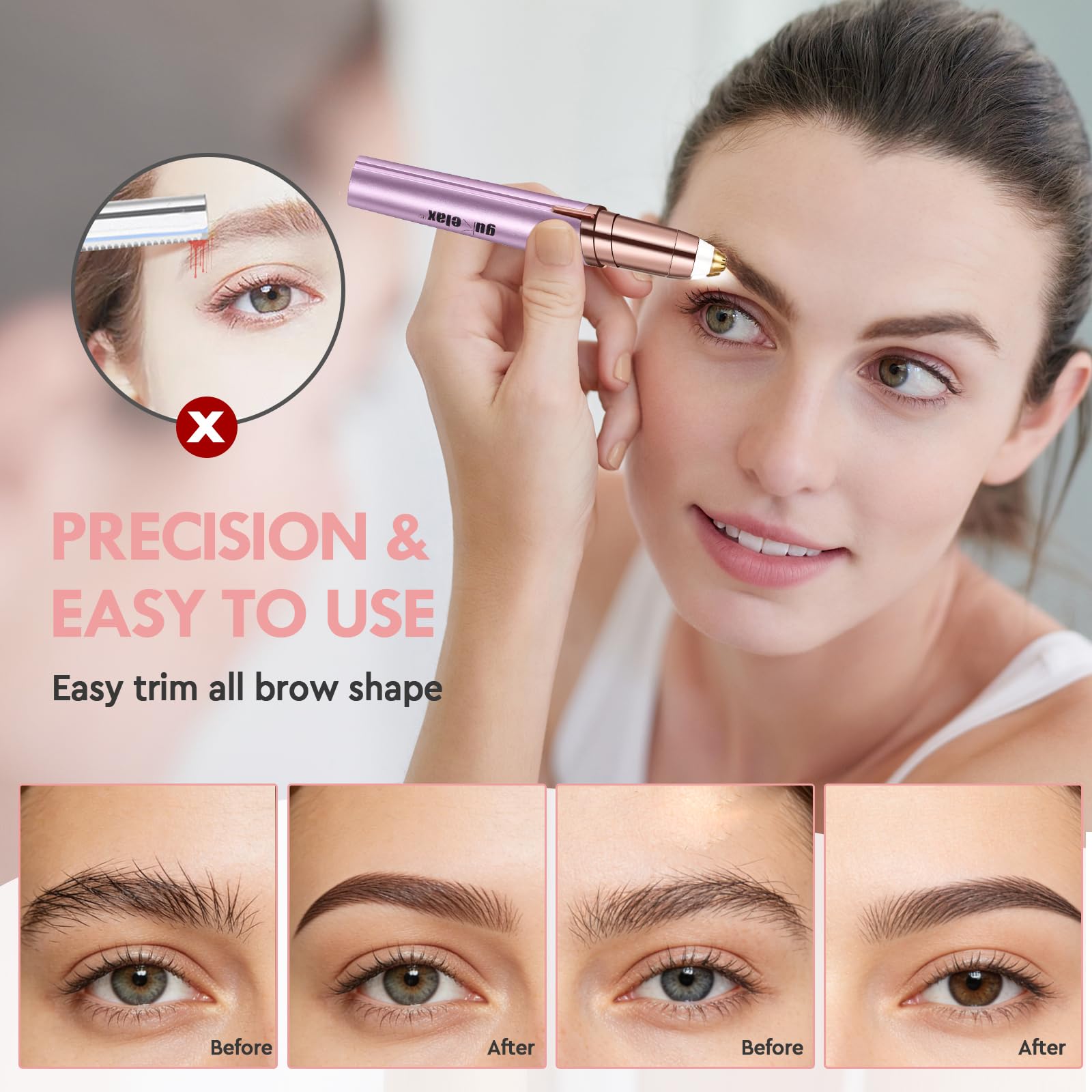 gurelax Eyebrow Trimmer for Women,Electric Eyebrow Hair Remover, Painless Brow Razor Shaper with LED Light, USB Rechargeable, Eye Brow and Face Epilator