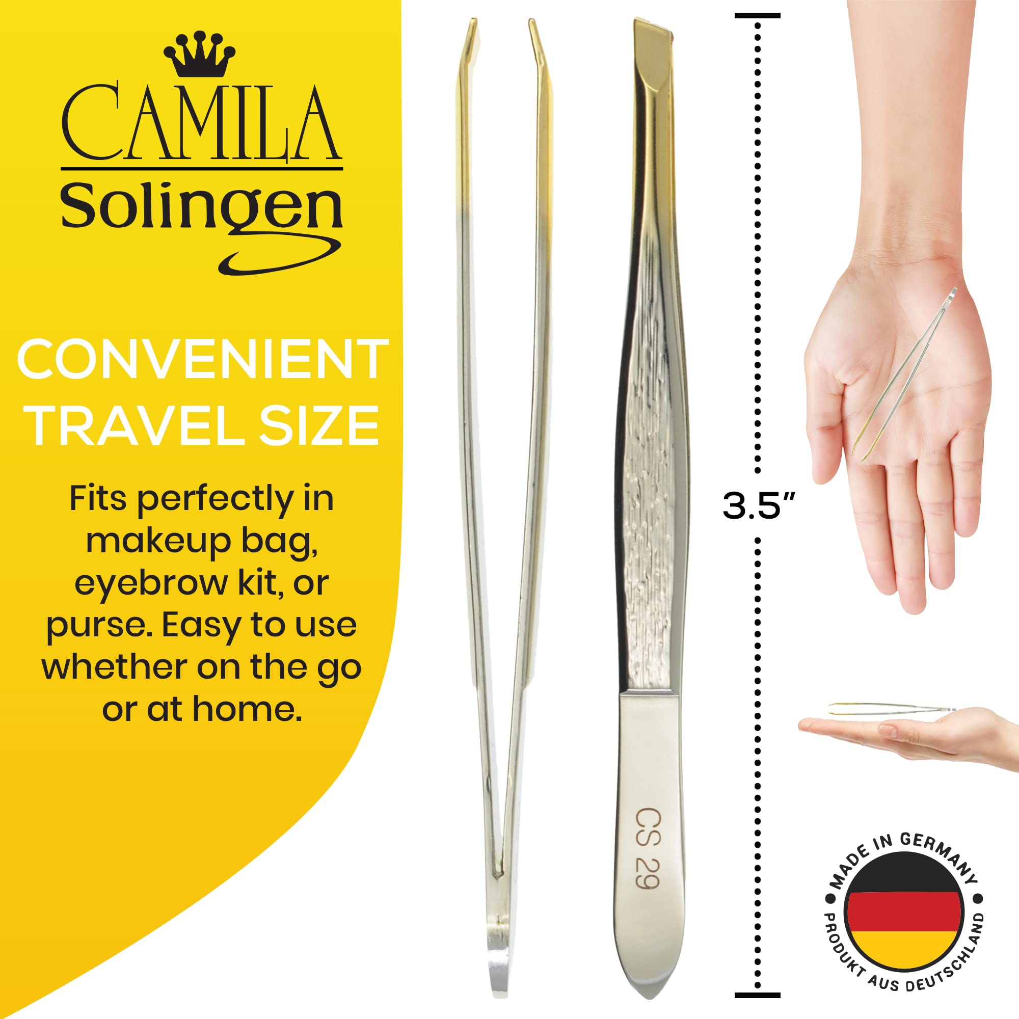Camila Solingen CS29 3 1/2" Gold Tipped, Surgical Grade, German Carbon Steel Tweezers (Slanted) - Flawless Eyebrow and Facial Hair Shaping and Removal for Men/Women
