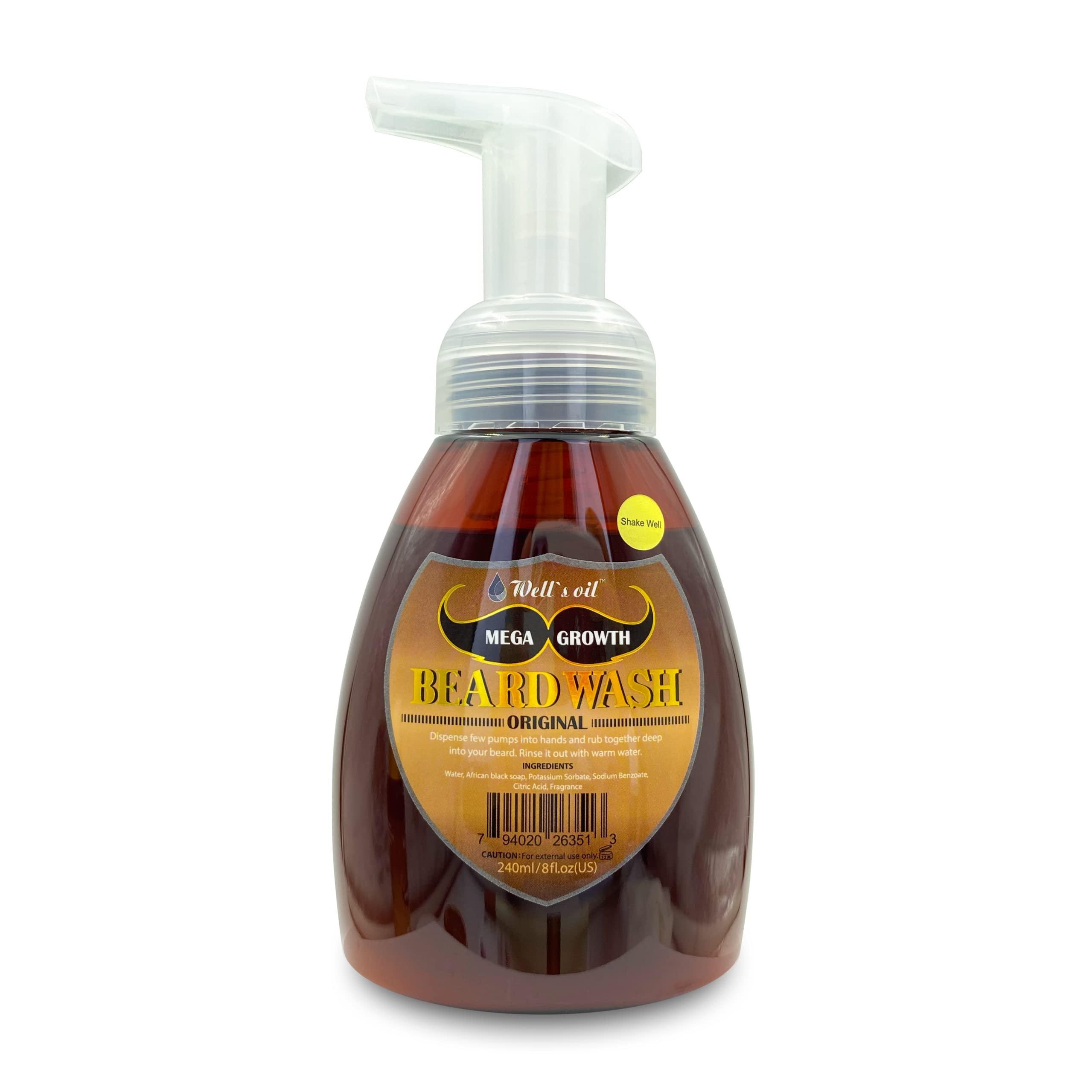 Well's Oil MEGA GROWTH Beard Wash – Original Scent | 8 fl oz | Naturally Derived Cleanser | With African Black Soap & Aloe | Gentle Beard Cleansing