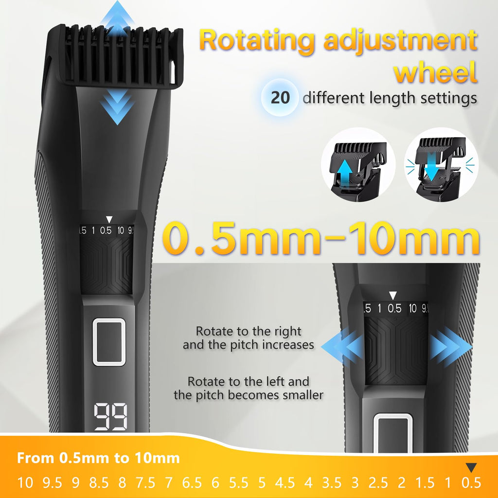 Beatslm Men's Beard Trimmer, 20 Length Adjustable, All-in-One IPX7 Waterproof Clippers, Stainless Steel T-Blade for Precision Facial Hair Trimming with 2 Adjustable Combs, Travel Lock, LED Display