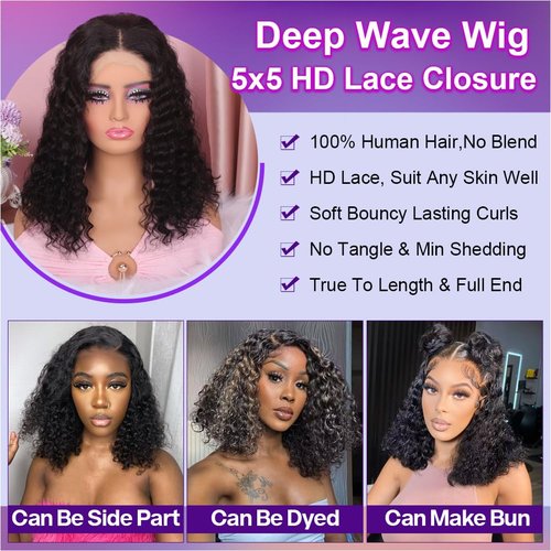 omswet Curly BOB Wig Human Hair 200 Density 5x5 HD Lace Closure Deep Wave Wigs for Black Women Glueless Wear and Go Pre Plucked Deep Wave Wet and Wavy Glueless Wigs Human Hair Natural Black 14 Inch
