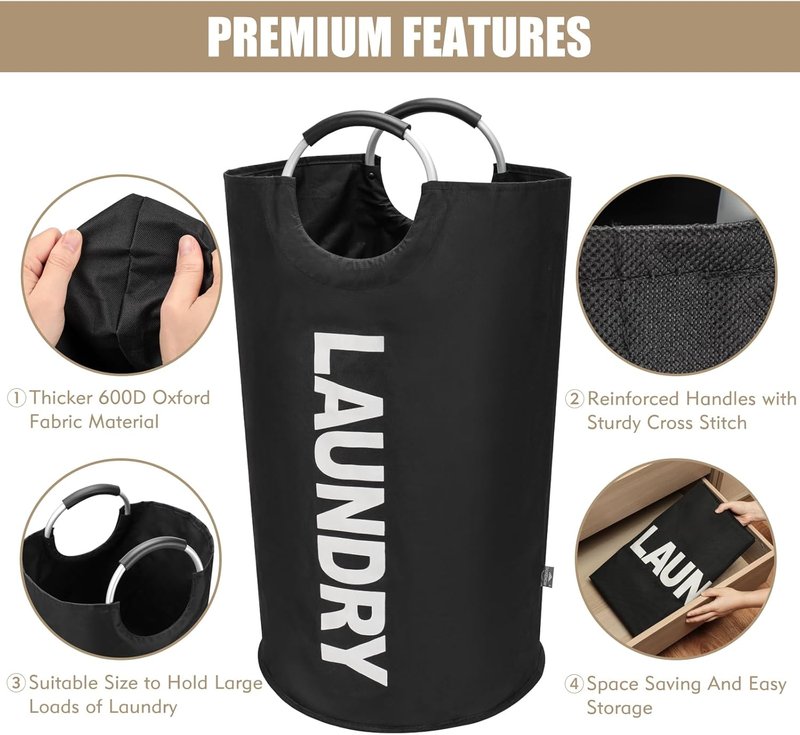 DOKEHOM 90L Collapsible Laundry Basket - Freestanding Tall Hamper for Easy Washing (Black)