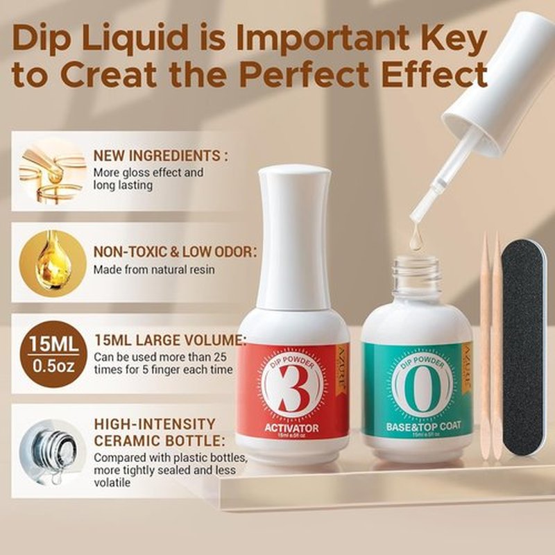 AZUREBEAUTY Dip Powder Base & Top Coat - Fast Drying, No Lamp Needed, 0.5oz Bottle for Nail Kits