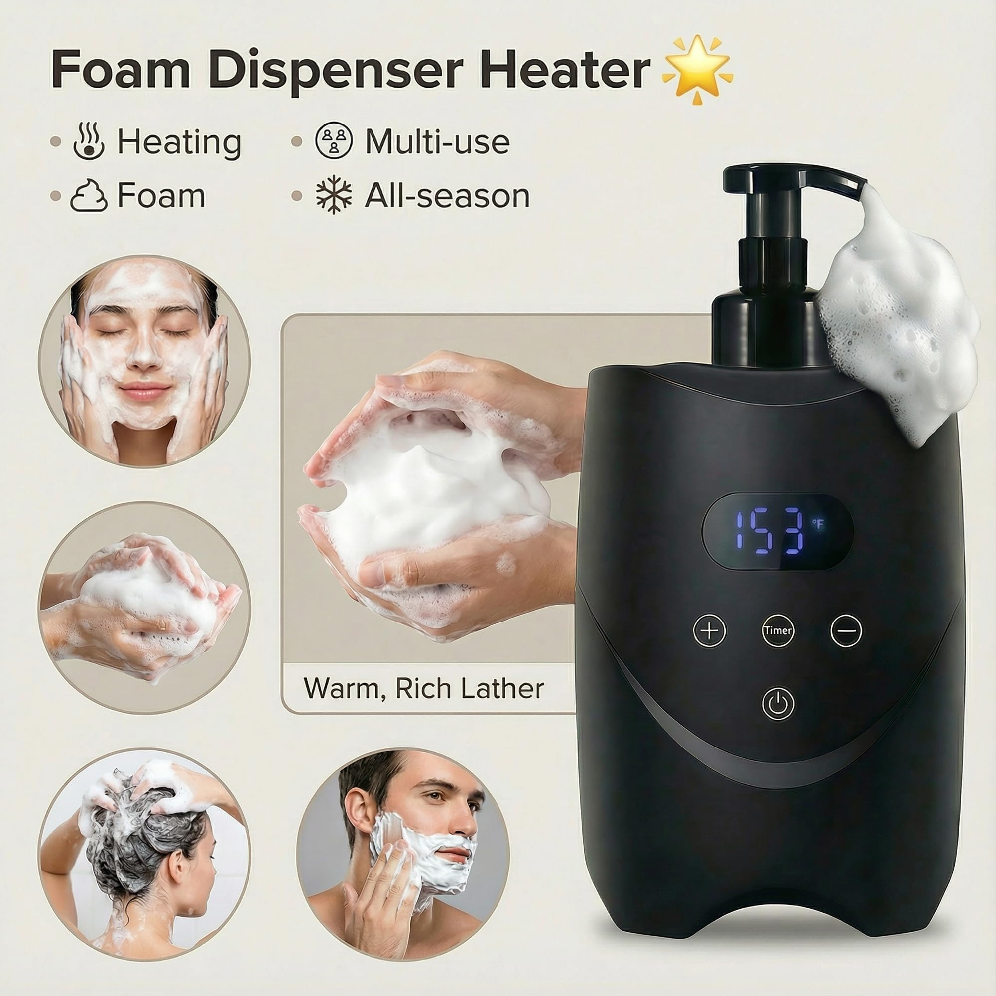 Professional Hot Lather Machine for Shaving, Smart Shaving Cream Warmer with 2×500ml Refillable Foam Bottles, Large Capacity Hot Foam Dispenser with LED Display for Home, Salon & Barber Shop (black)