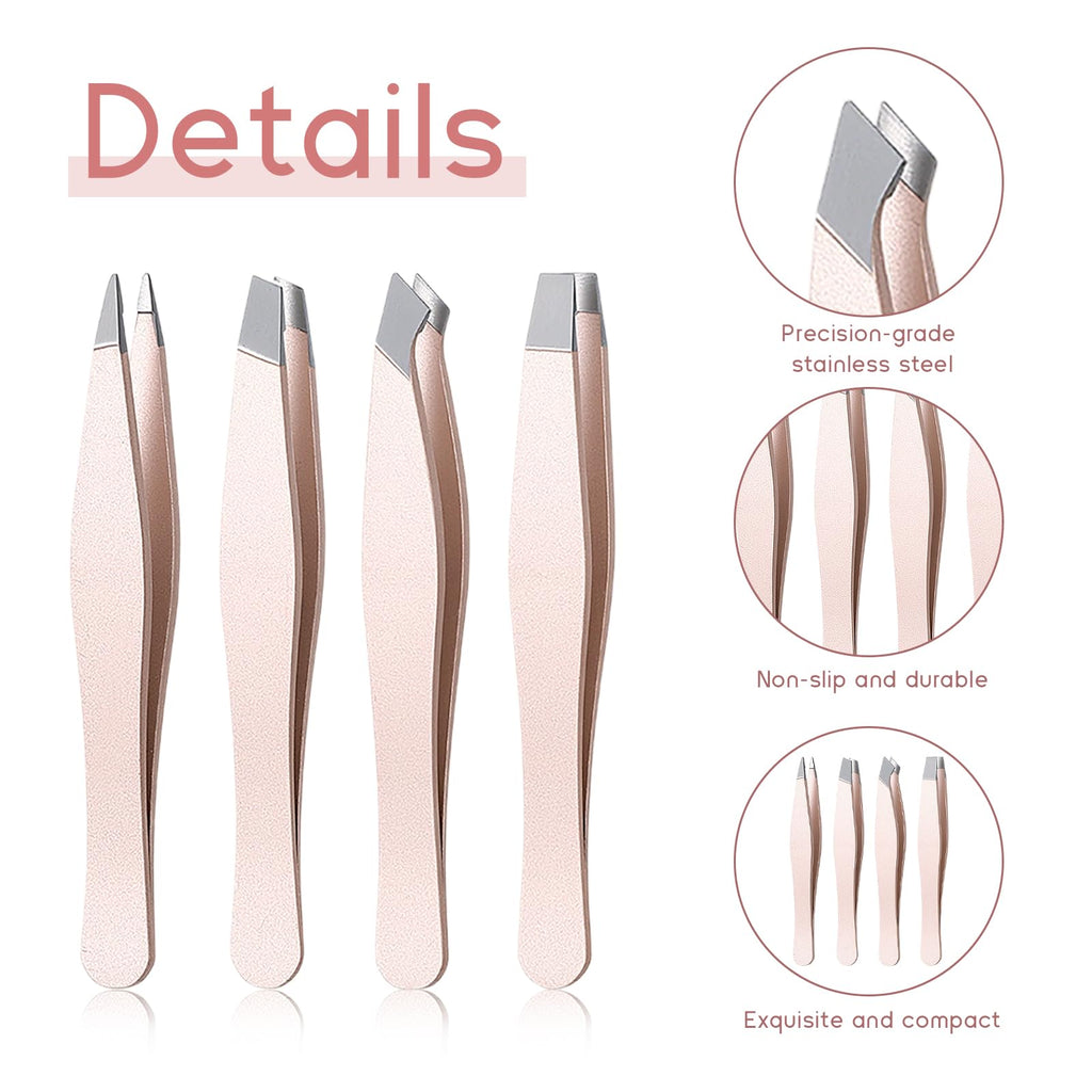 4 Pcs Mini Stainless Steel Eyebrow Tweezers Set with Leather Travel Case Gold Precision Tweezers for Eyebrows Small Portable Hair Eyebrow Tweezer for Women Men Facial Hairs Plucking Removal