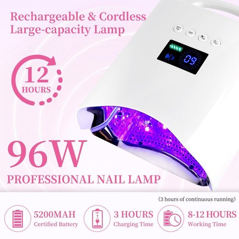 BOMOQING Cordless UV Nail Lamp, 96W Rechargeable UV Light for Gel Nails with Automatic Sensor & 4 Timers, Portable LED Nail Lamp, Professional Nail Dryer for Salon & Home (White)