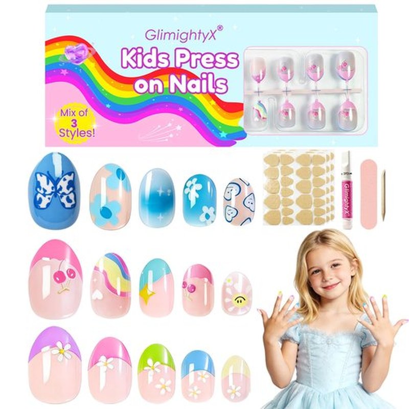 72 Pcs Press on Nails for Kids, GlimightyX 3 Styles Girls Fake Nails Set with Nail Glue & Sticky Tabs,Flower Rainbow Pink Nails Set for 8-12 Years Old,Christmas Gift DIY Home