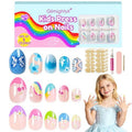 72 Pcs Press on Nails for Kids, GlimightyX 3 Styles Girls Fake Nails Set with Nail Glue & Sticky Tabs,Flower Rainbow Pink Nails Set for 8-12 Years Old,Christmas Gift DIY Home