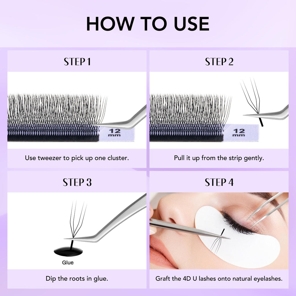Natuhana 4D U Shape Lash Extensions Easy Fan Russian Volume U Eyelash C/D Curl 0.07mm Natural U Shaped 12 Rows Premade Eye Lashes Supply(Black,0.07C,8-14mm)