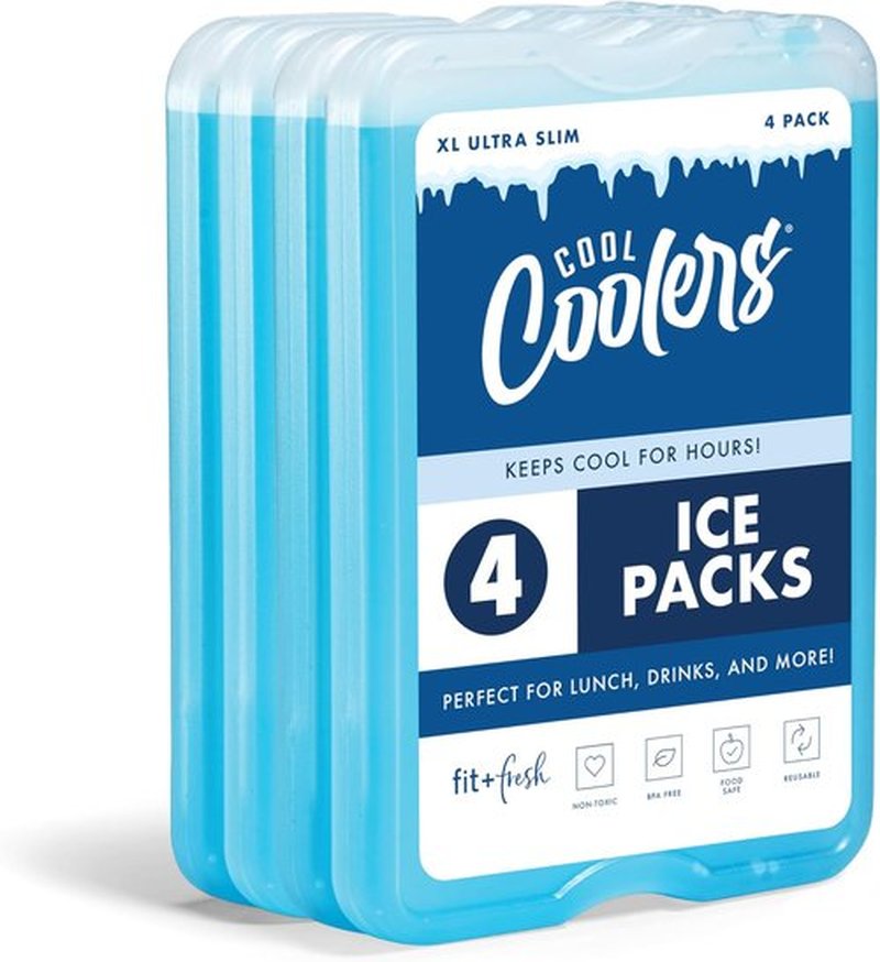 Cool Coolers by Fit & Fresh | 4 Pack XL Slim Ice Packs - Quick Freeze, Space-Saving Design, Blue