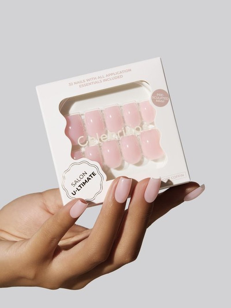 Celebritips Press On Nails - Salon U-ltimate™ | Clean Pink, Short Coffin Nails, Reusable | 16 sizes - 32 Nails Kit with Glue and Sticky Tabs